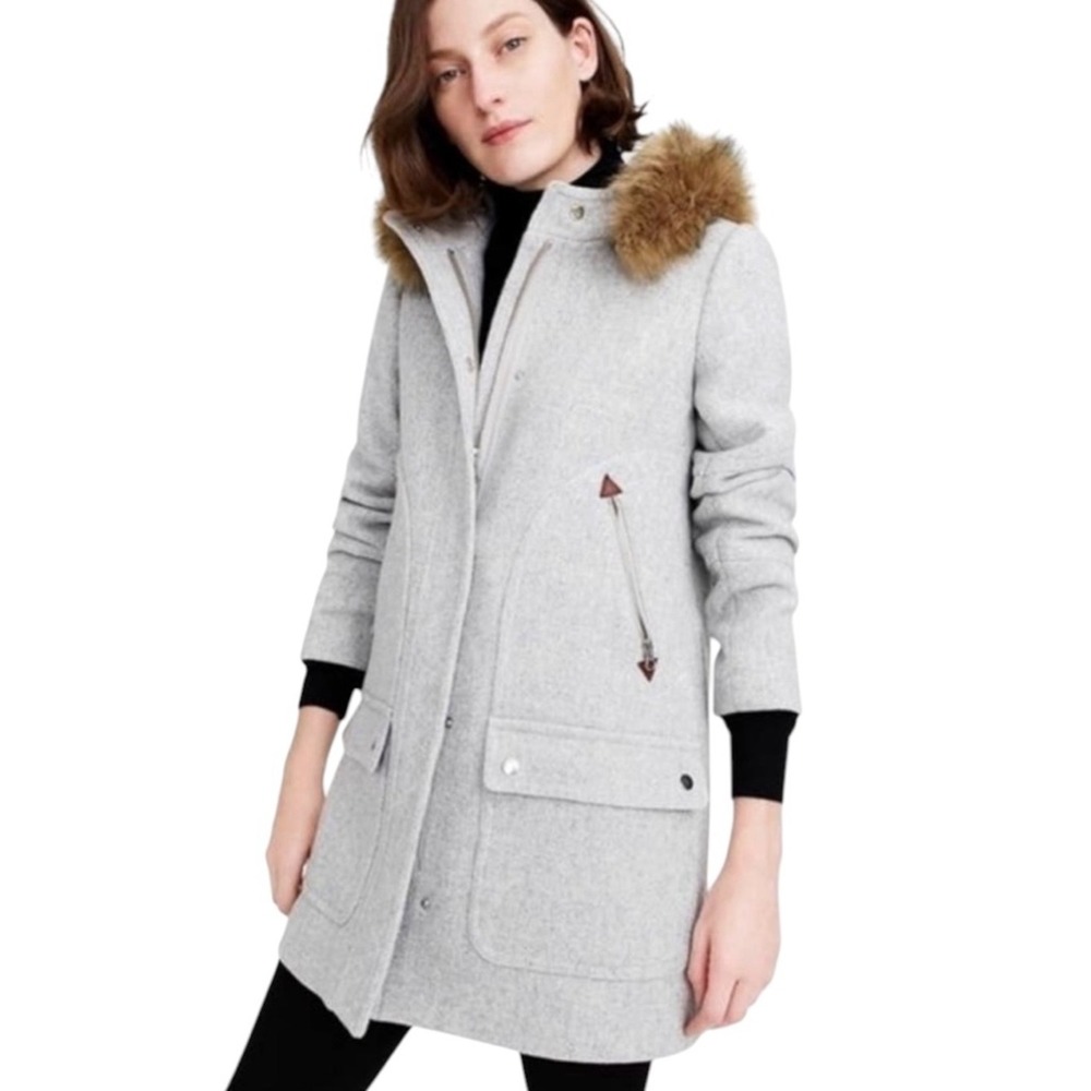 J. Crew Italian Stadium Cloth Wool Chateau Parka Removable Fur Hood Grey Size 0